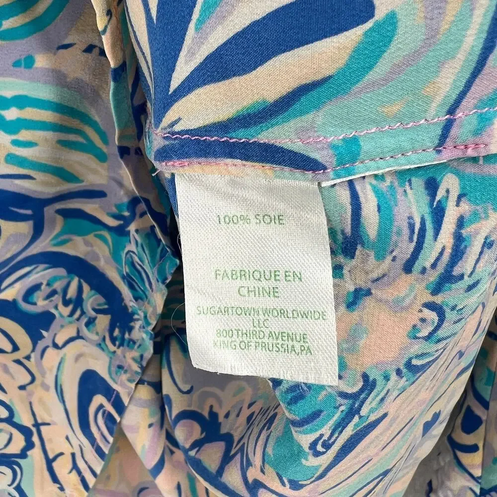 LILLY PULITZER Elsa Printed Silk Blouse Womens XS Blue Pink Long Sleeve Top FLAW - Picture 8 of 12